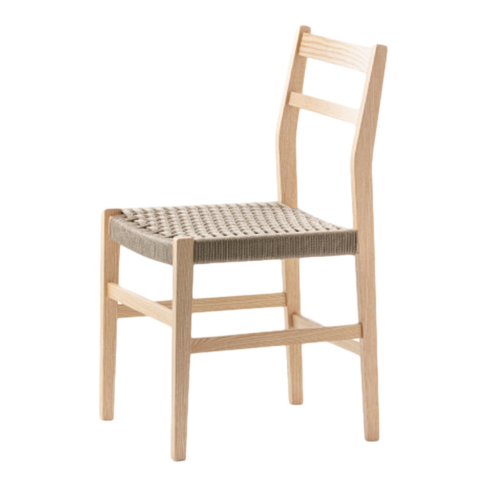 Natural wood chair with a woven gray and beige seat, featuring a minimalist design and light-colored finish.