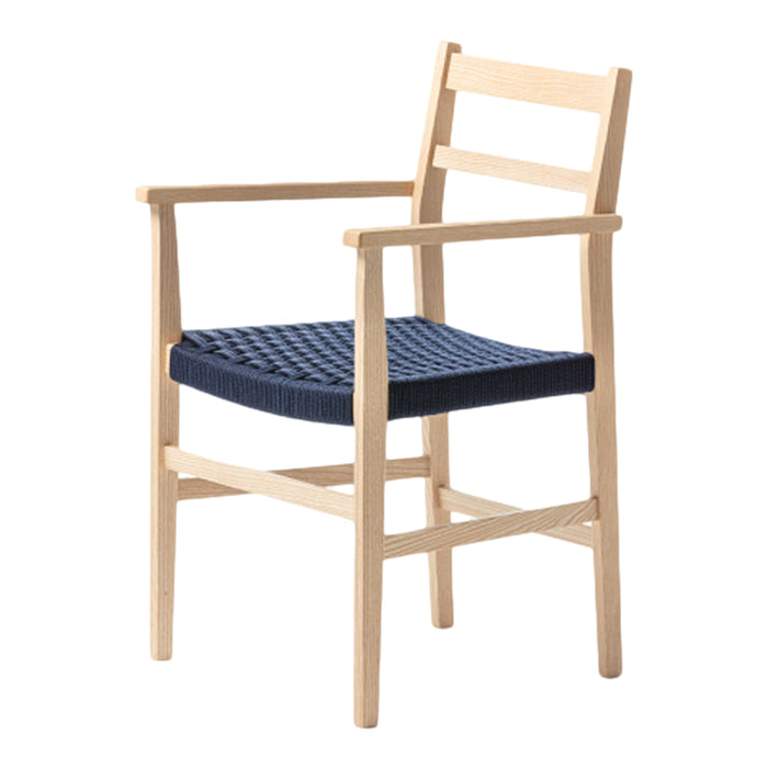 Natural wood armchair with navy blue woven seat and backrest, featuring a simple, modern design.