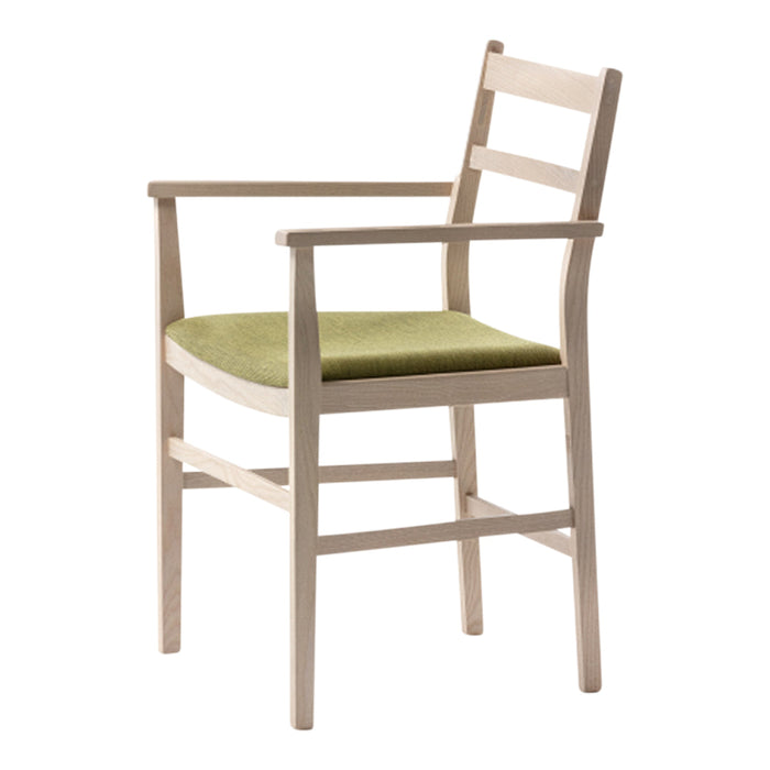 Light wooden chair with a lime green upholstered seat and a minimalist design. Perfect for modern decor.