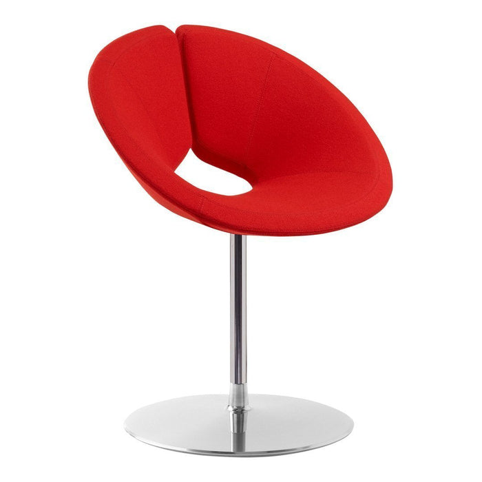 Red modern swivel chair with a smooth, round shape and chrome base. Perfect for stylish, contemporary decor.