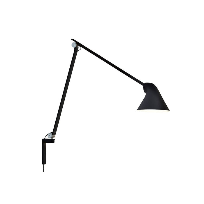 Black adjustable wall lamp with sleek lines and a minimalist design. Perfect for modern decor.