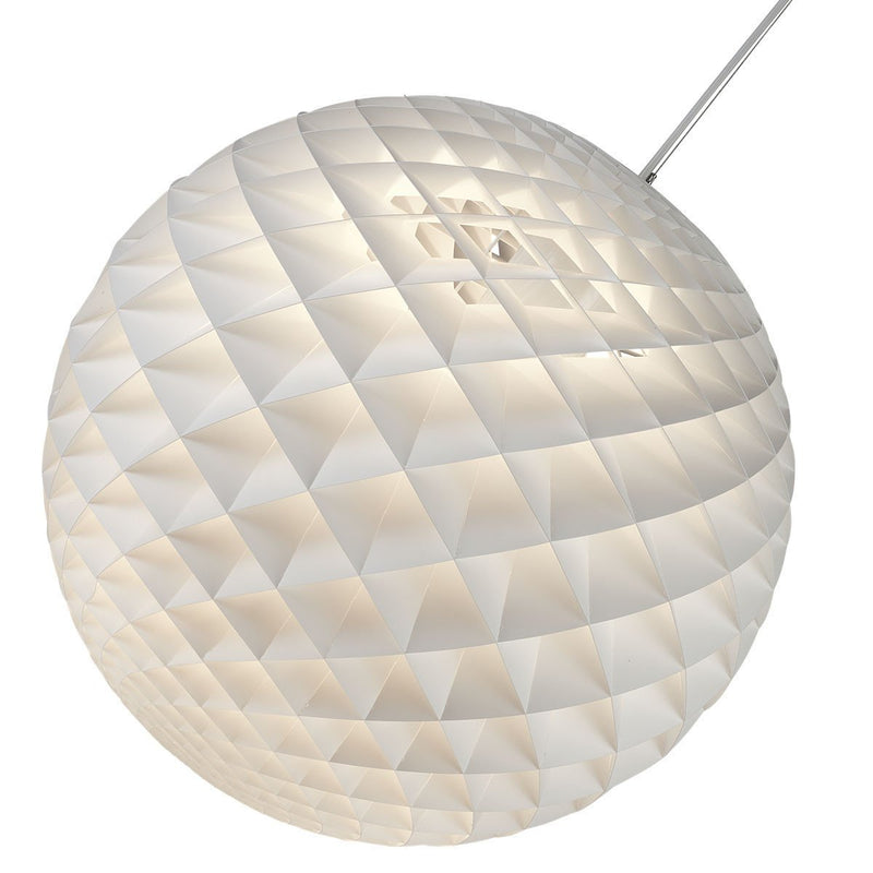 White geometric pendant lamp with a quilted surface, featuring a modern, spherical design. Perfect for contemporary decor.