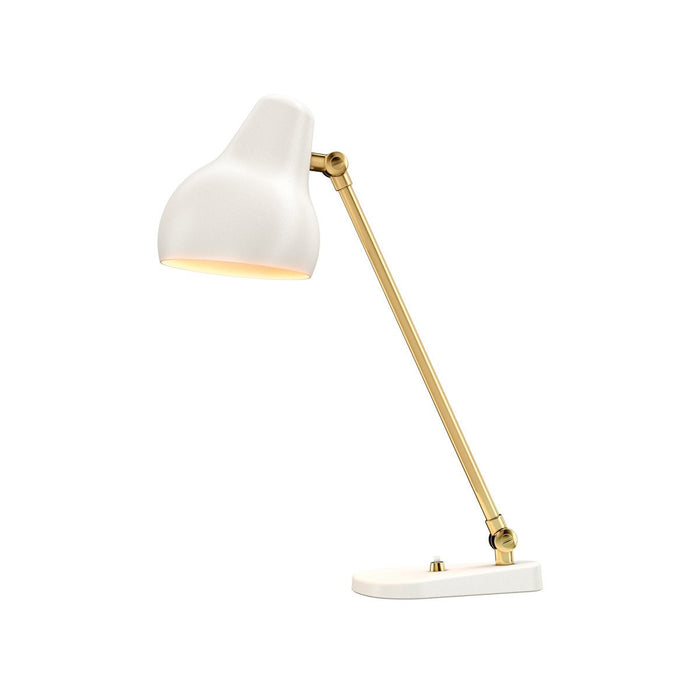 White lamp with a sleek design, featuring a gold metallic arm and base for a modern, elegant touch.