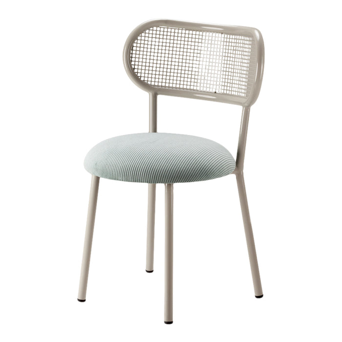 Light beige chair with a textured mint green seat and woven backrest, featuring soft curves and a modern design.