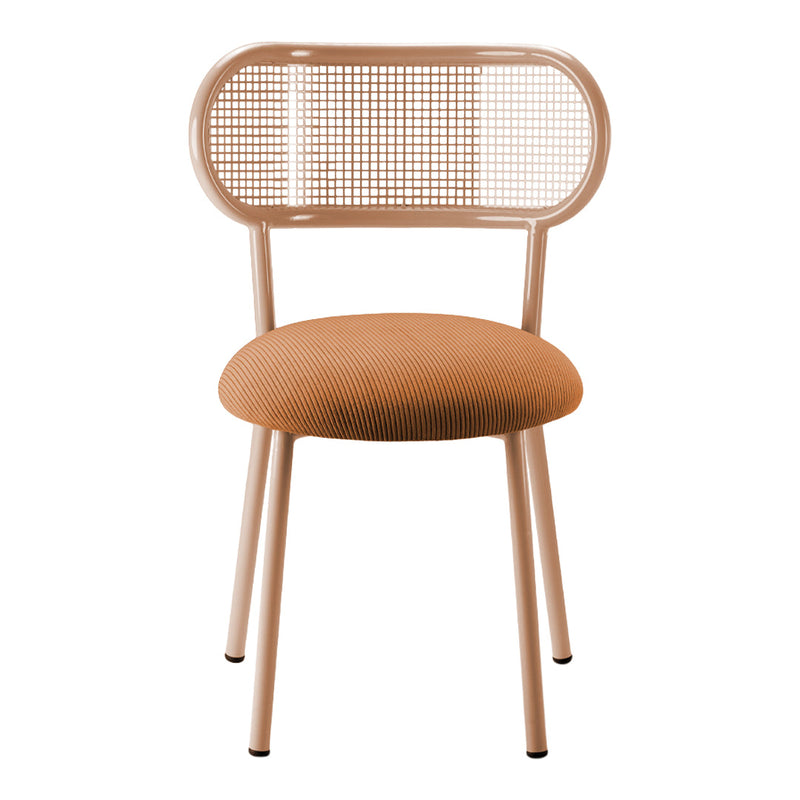 Peach-toned chair with a striped orange seat and woven backrest, perfect for modern decor.