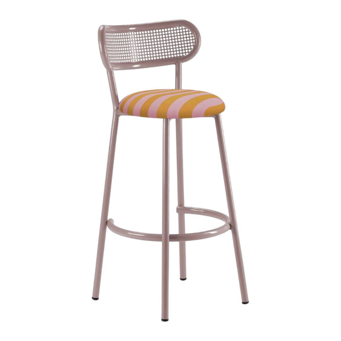 Pink bar stool with a patterned yellow and pink striped seat and a stylish perforated backrest.