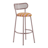 Pink and yellow striped upholstered bar stool with a light pink metal frame and woven backrest.