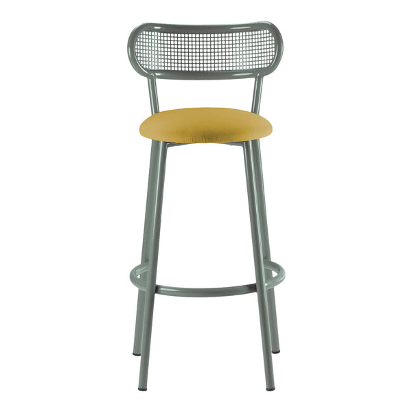 Stylish bar stool featuring a gray metal frame and a soft mustard yellow seat cushion with a grid-patterned backrest.