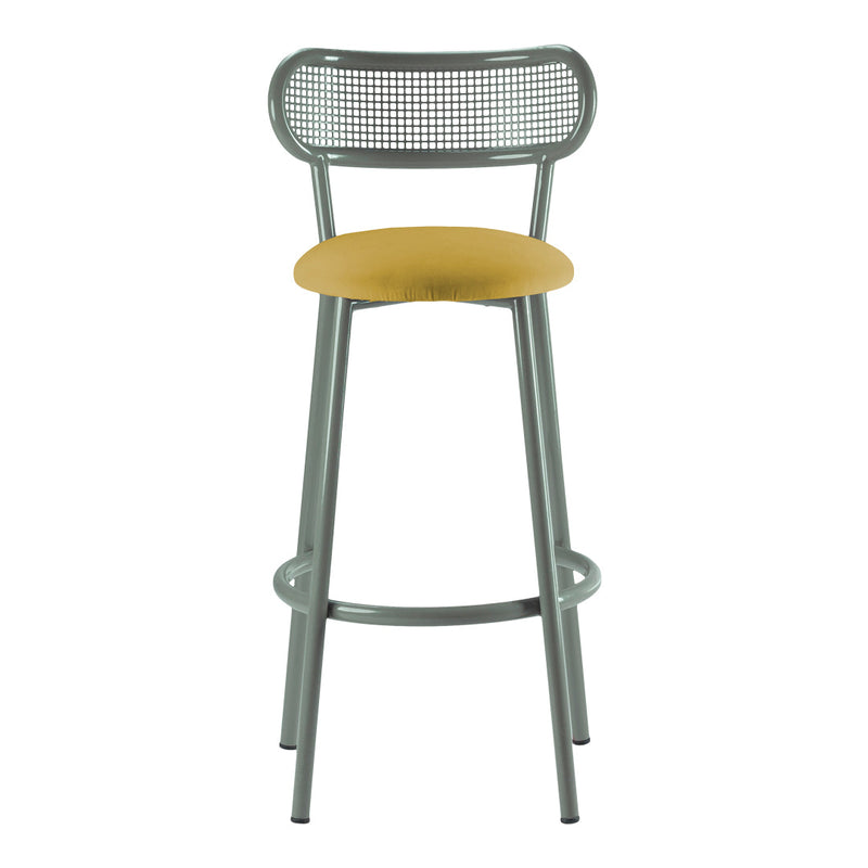 Stylish bar stool featuring a gray metal frame and a soft mustard yellow seat cushion with a grid-patterned backrest.