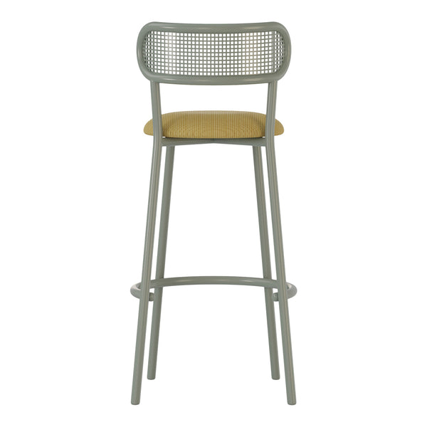 Green metal bar stool with a woven backrest and a mustard yellow striped seat cushion. Stylish and modern design.