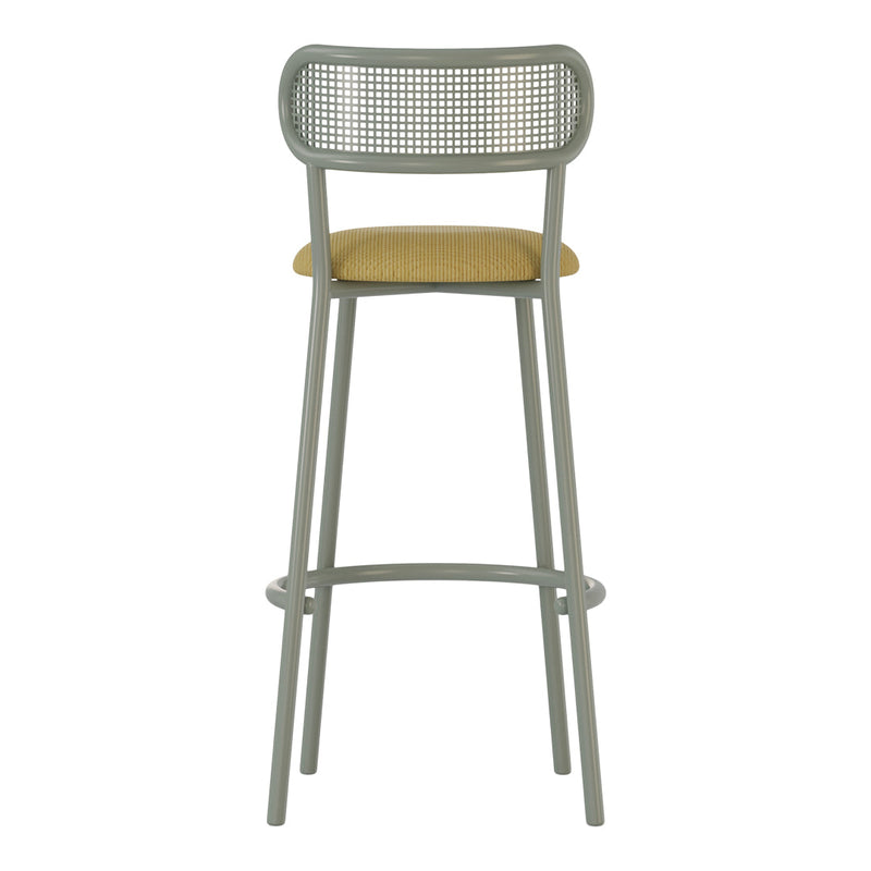 Green metal bar stool with a woven backrest and a mustard yellow striped seat cushion. Stylish and modern design.