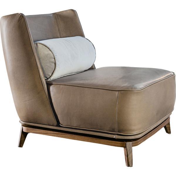 Stylish tan leather chair with a light blue lumbar cushion and sleek wooden legs, featuring modern minimalistic design.