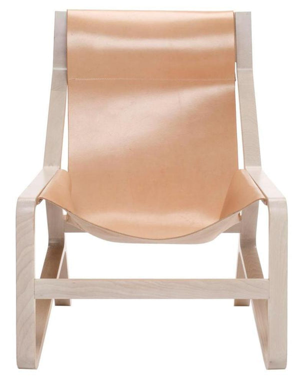 Light beige leather sling chair with a minimalist wooden frame, showcasing a smooth, modern design.
