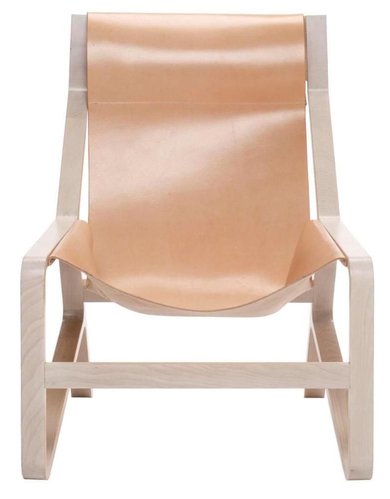 Light beige leather sling chair with a minimalist wooden frame, showcasing a smooth, modern design.