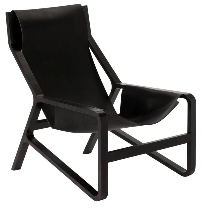 Sleek black lounge chair with a minimalist design and smooth leather, featuring a bold geometric frame.