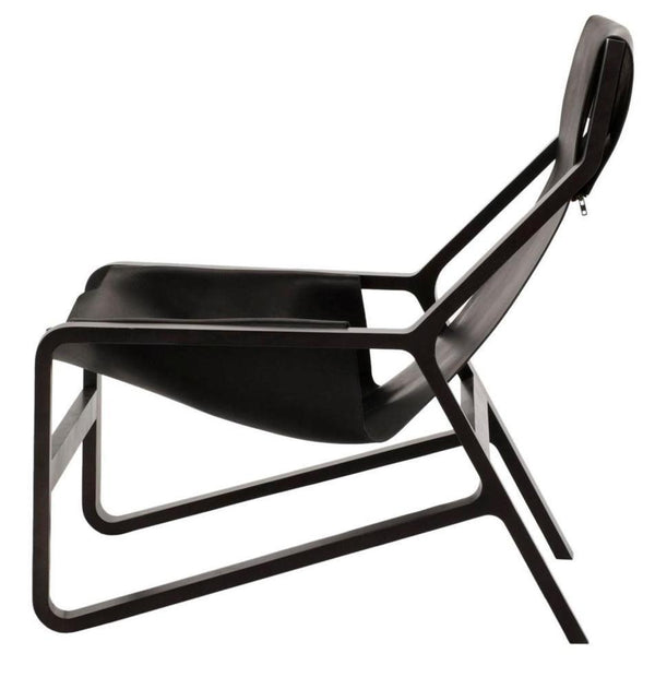 "Modern black lounge chair with sleek, minimalistic design and smooth contours."
