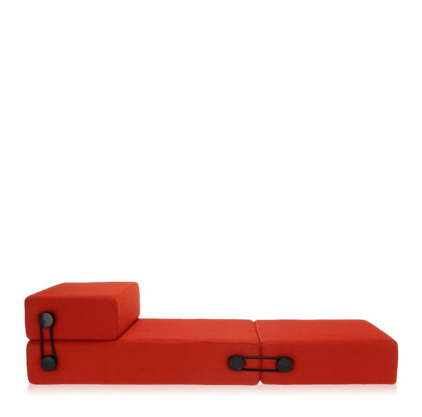 Bright orange modular seating with smooth, solid surfaces and sleek black connectors, perfect for modern spaces.