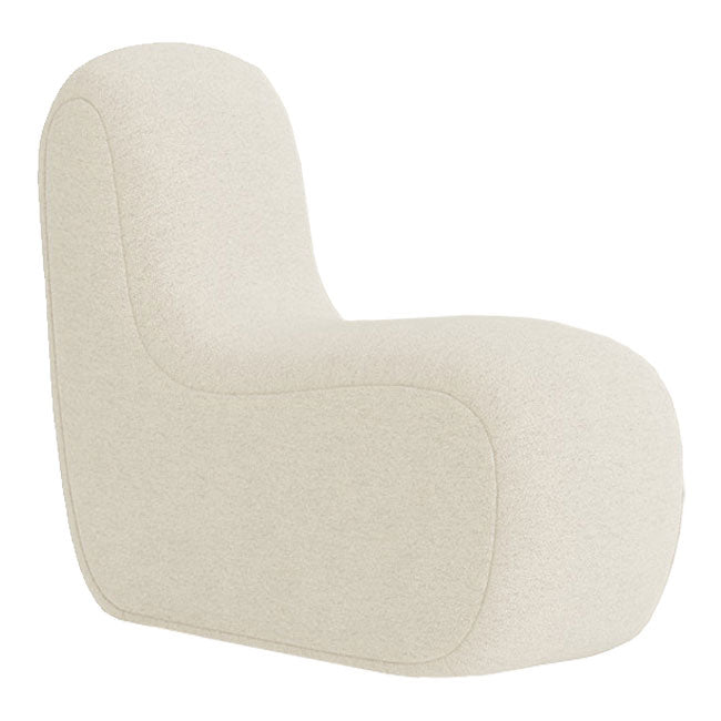 Cream-colored chair with a smooth, minimalist design. Soft, textured upholstery enhances modern aesthetics.