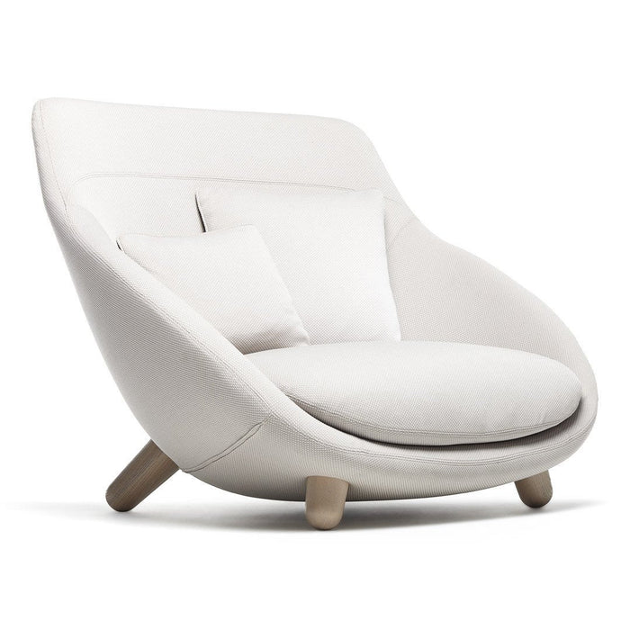 Stylish white modern chair with smooth curves and subtle fabric texture, featuring light wood legs.