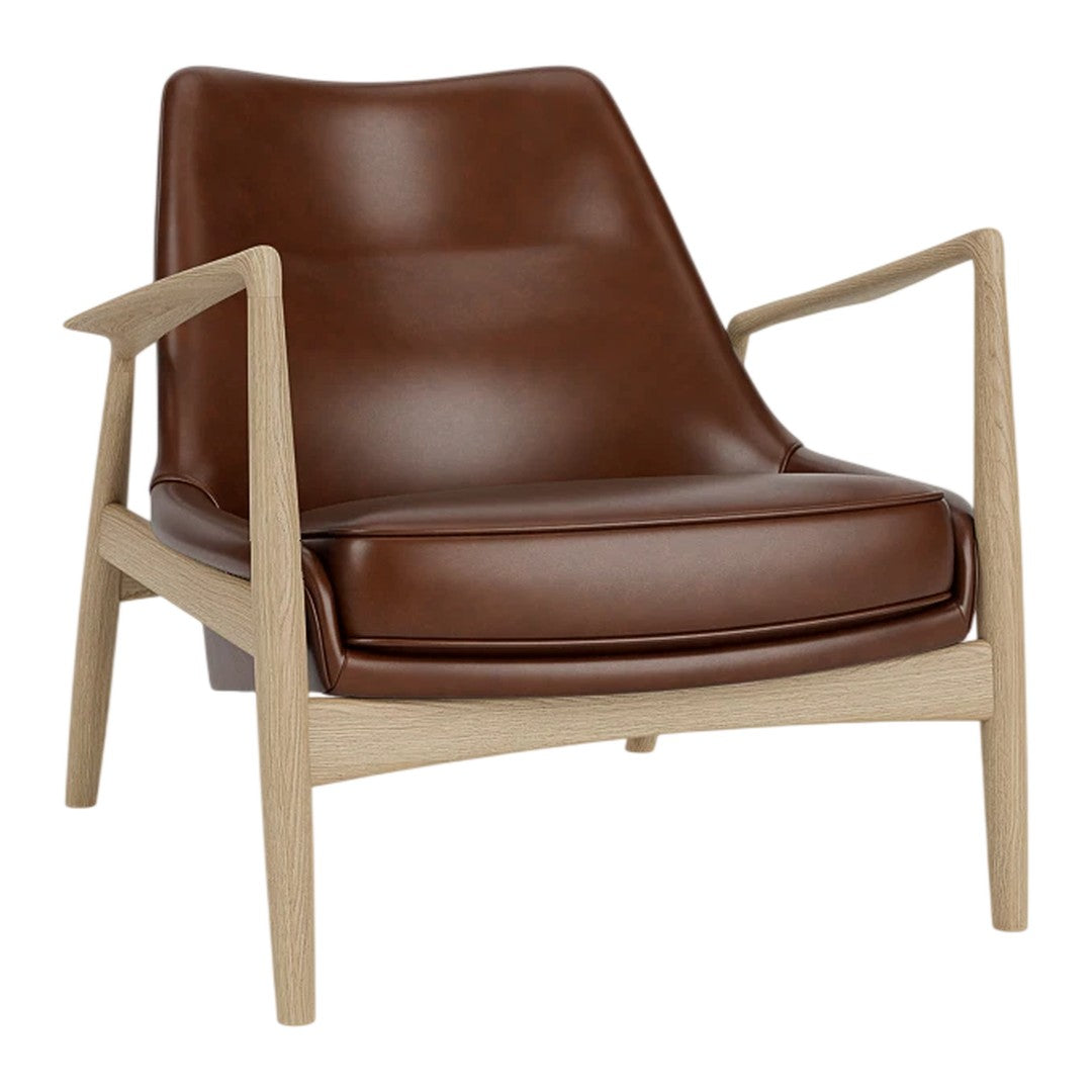 Brown leather armchair with a sleek wooden frame, featuring a minimalist design and smooth curves.