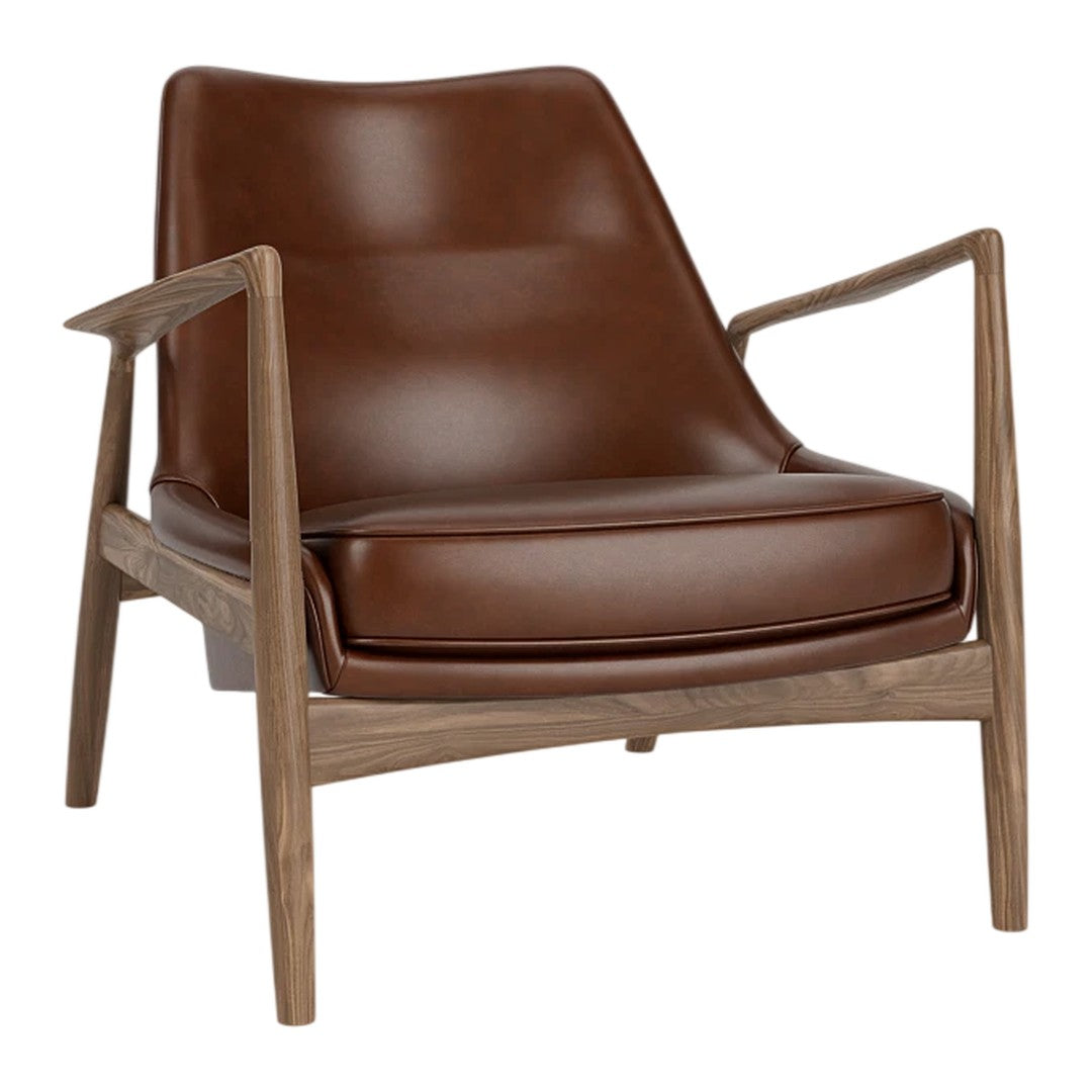 Brown leather lounge chair with minimalist wood frame, featuring smooth surface and sleek, modern design.