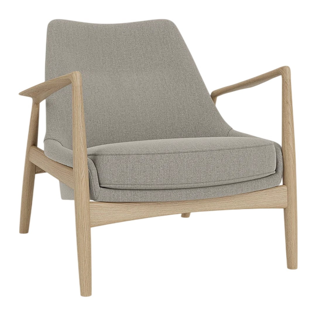 Light gray fabric armchair with wooden oak legs, featuring a sleek, minimalistic design. Simple and stylish color palette.