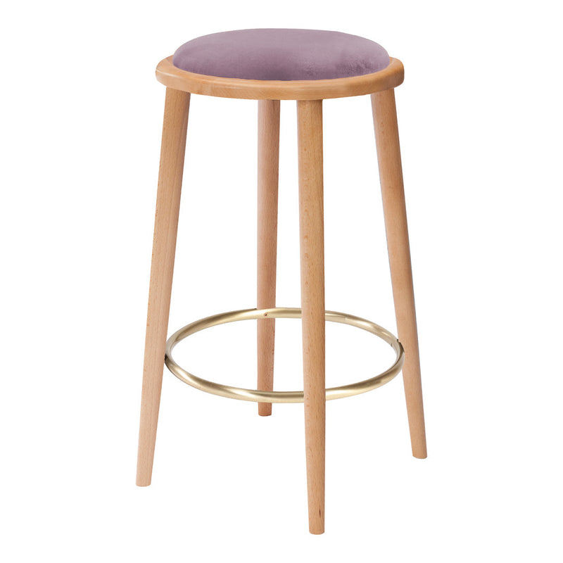 Purple cushioned stool with light wood legs and a gold footrest, featuring a minimalist design.