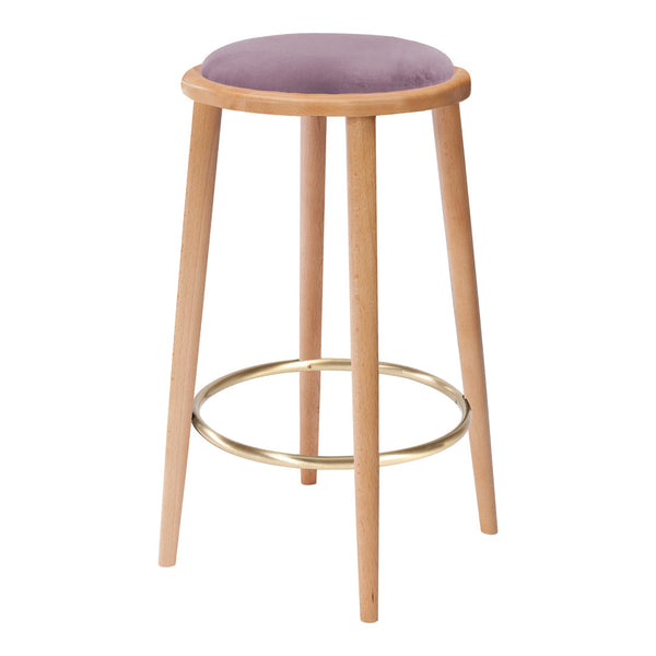 Purple cushioned stool with natural wood legs and a gold footrest, perfect for modern decor.