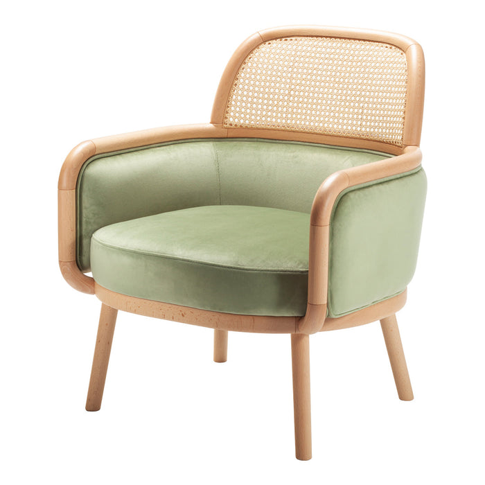 Light green upholstered chair with rattan backrest, natural wood frame, and tapered legs for a modern touch.