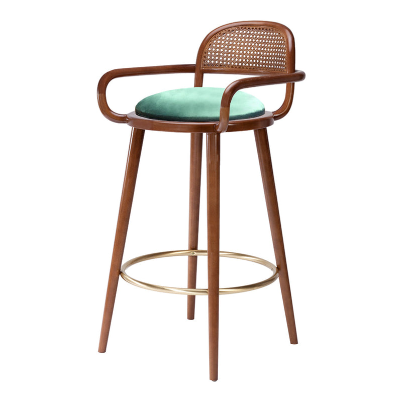 Wooden bar stool with a woven back, featuring a mint green cushion and gold accents. Modern and stylish design.