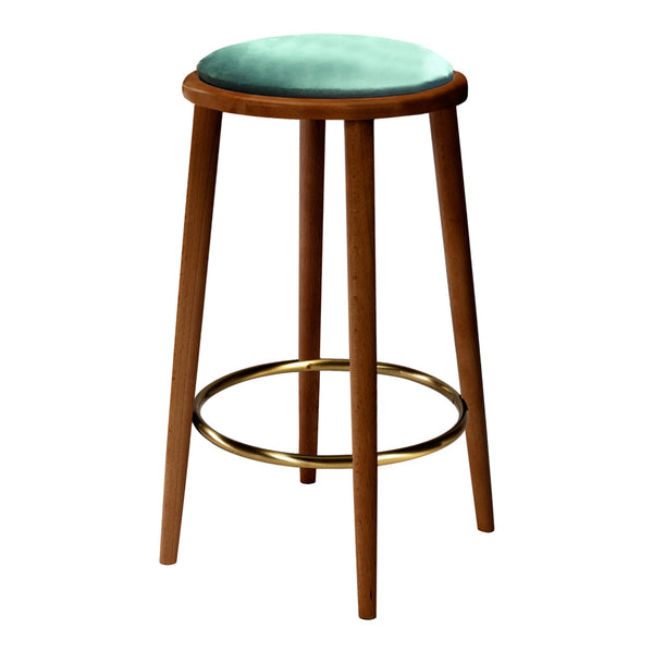 Lavender cushioned stool with natural wooden legs and a metallic gold footrest, featuring a sleek, modern design.
