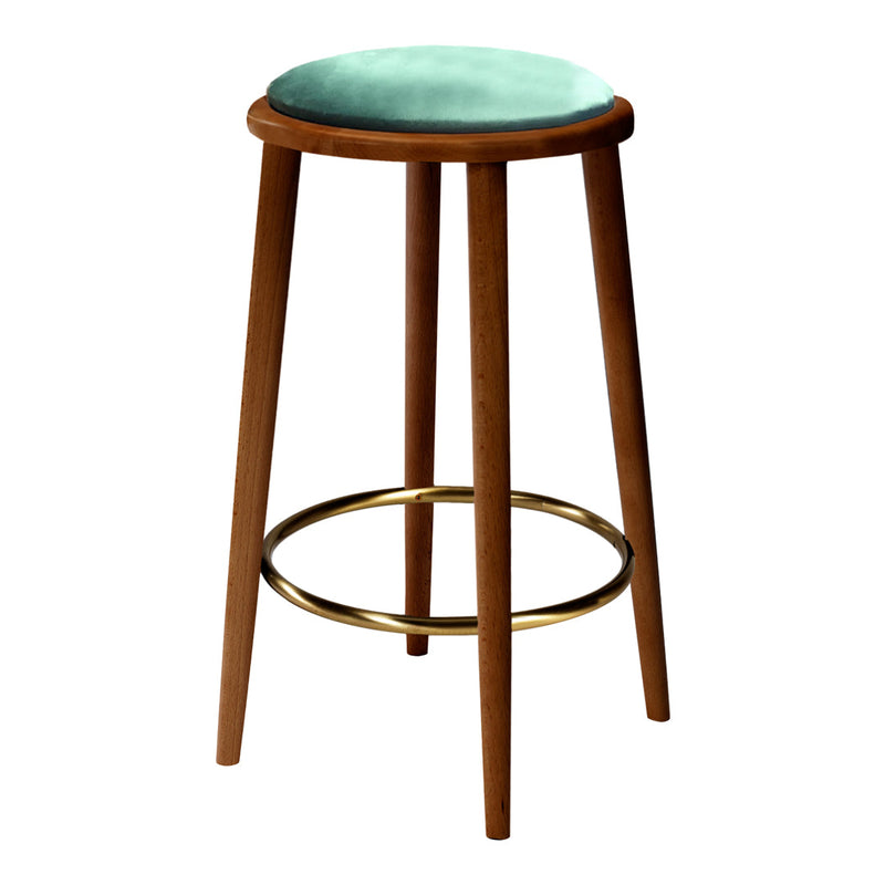 Wooden bar stool with a mint green cushion seat and a gold circular footrest. Modern design, perfect for any decor.