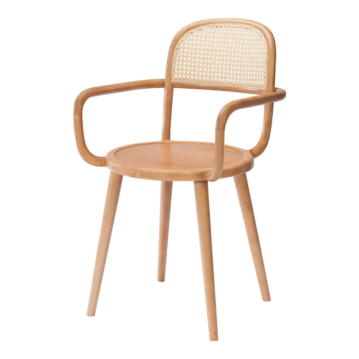 Natural wood chair with a woven rattan back and armrests in a light, warm finish. Simplistic and modern design.