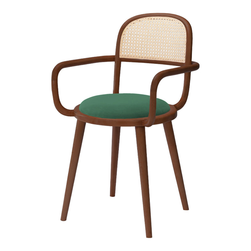 Wooden chair with a natural cane backrest and a vibrant green cushioned seat. Elegant and modern design.