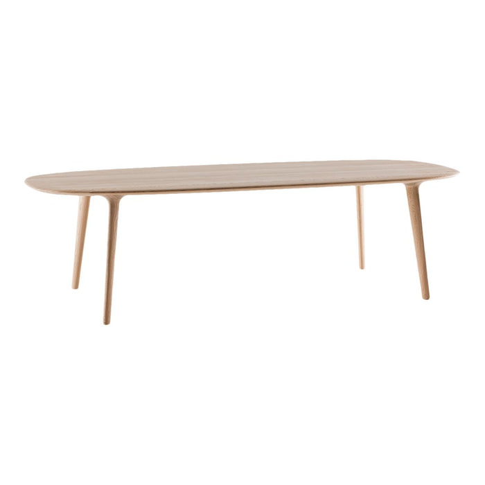 Light natural wood oval table with smooth finish and slender tapered legs. Perfect for modern minimalist decor.