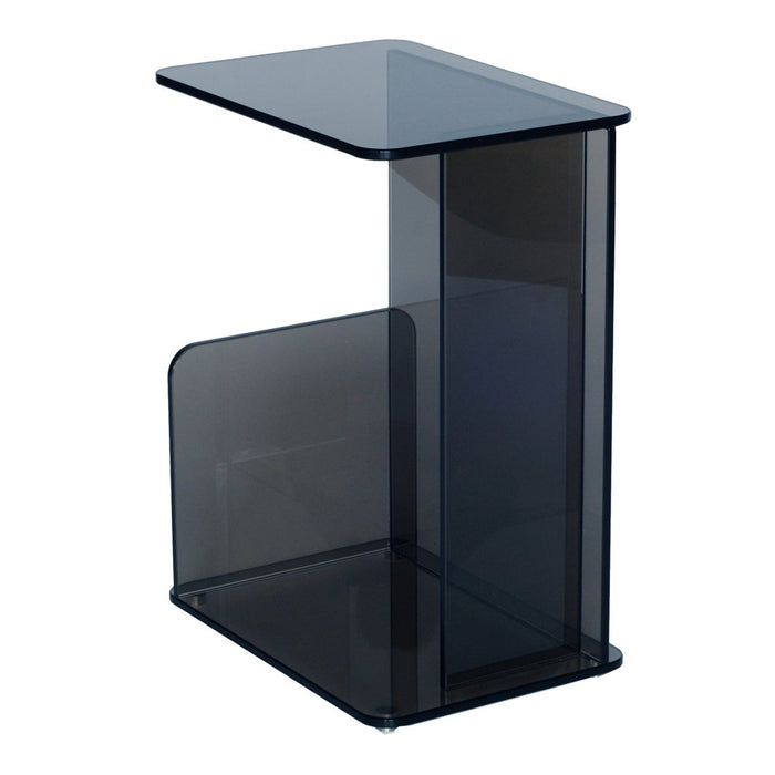 Modern black glass side table with a sleek, minimalist design and transparent panels, perfect for contemporary decor.