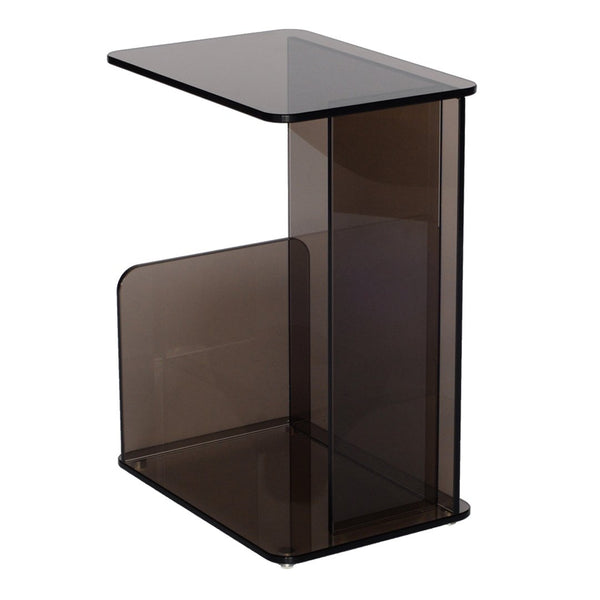 Stylish smoked glass side table with sleek, modern geometric design and smooth surface finish.