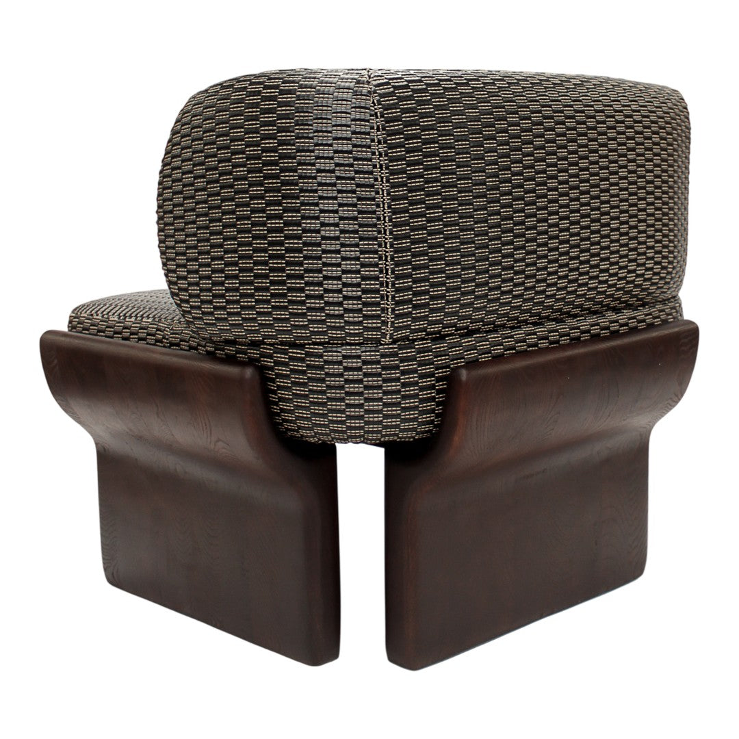 Brown woven fabric with a checkered pattern on a modern wooden base. Stylish and contemporary design.
