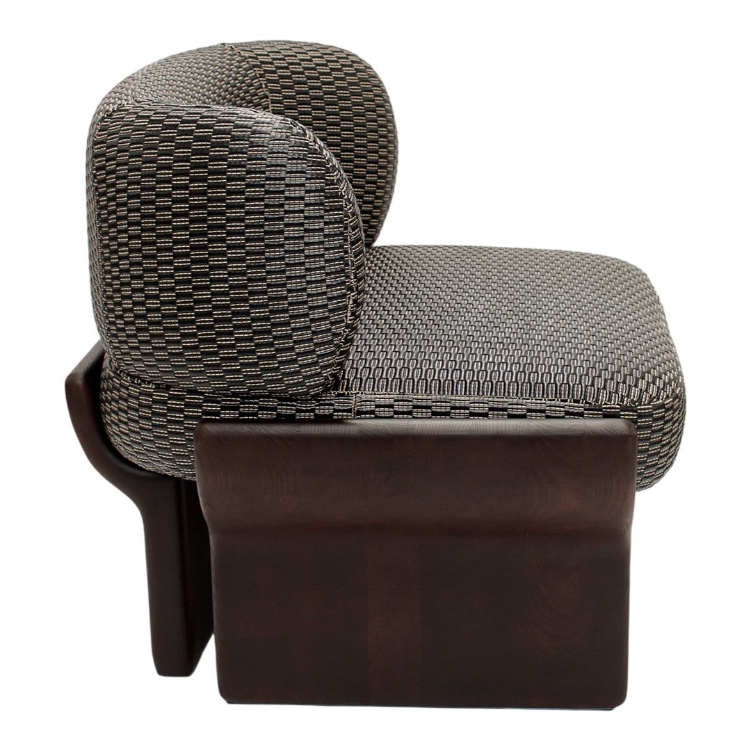 Grey woven fabric chair with a patterned design and dark wooden base, showcasing modern elegance and texture.