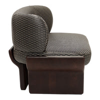 Grey woven fabric chair with a patterned design and dark wooden base, showcasing modern elegance and texture.