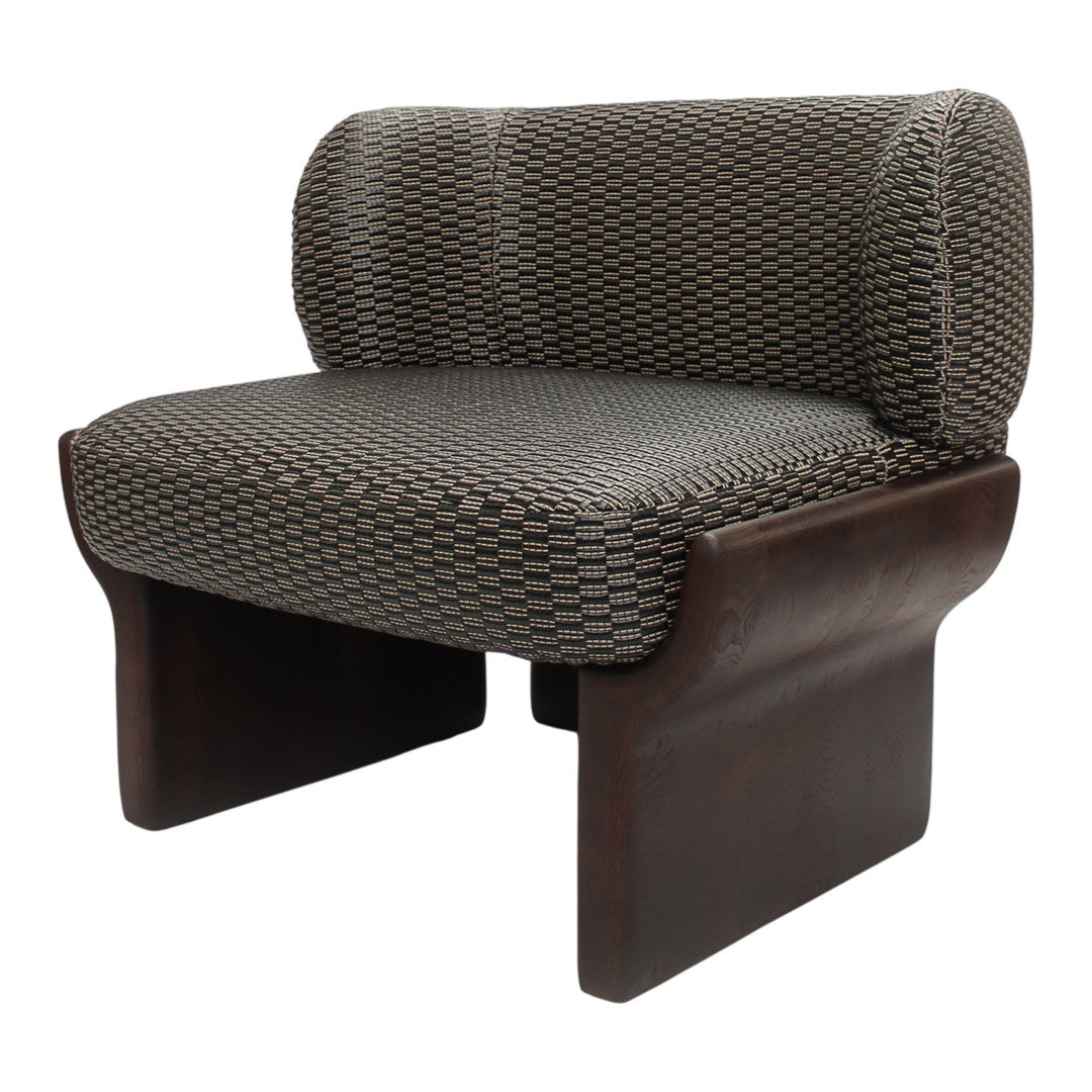 Brown woven pattern upholstery on a modern chair with dark wood base, adding a touch of sophistication to any space.