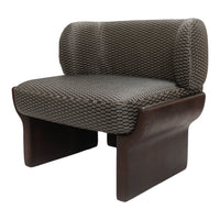 Brown woven pattern upholstery on a modern chair with dark wood base, adding a touch of sophistication to any space.