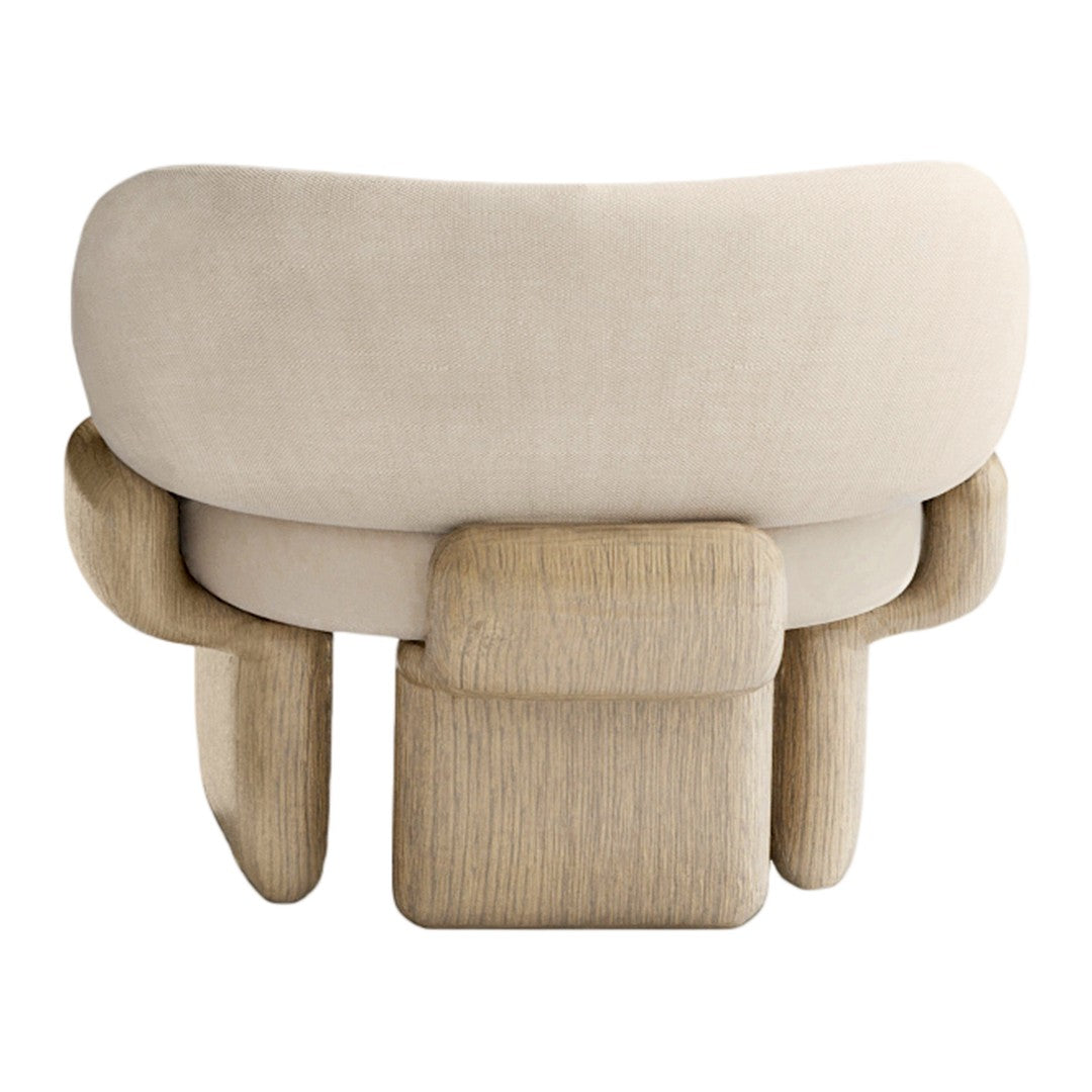 Beige curved chair with textured upholstery and natural wood geometric base. Elegant and modern design.