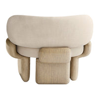 Beige curved chair with textured upholstery and natural wood geometric base. Elegant and modern design.