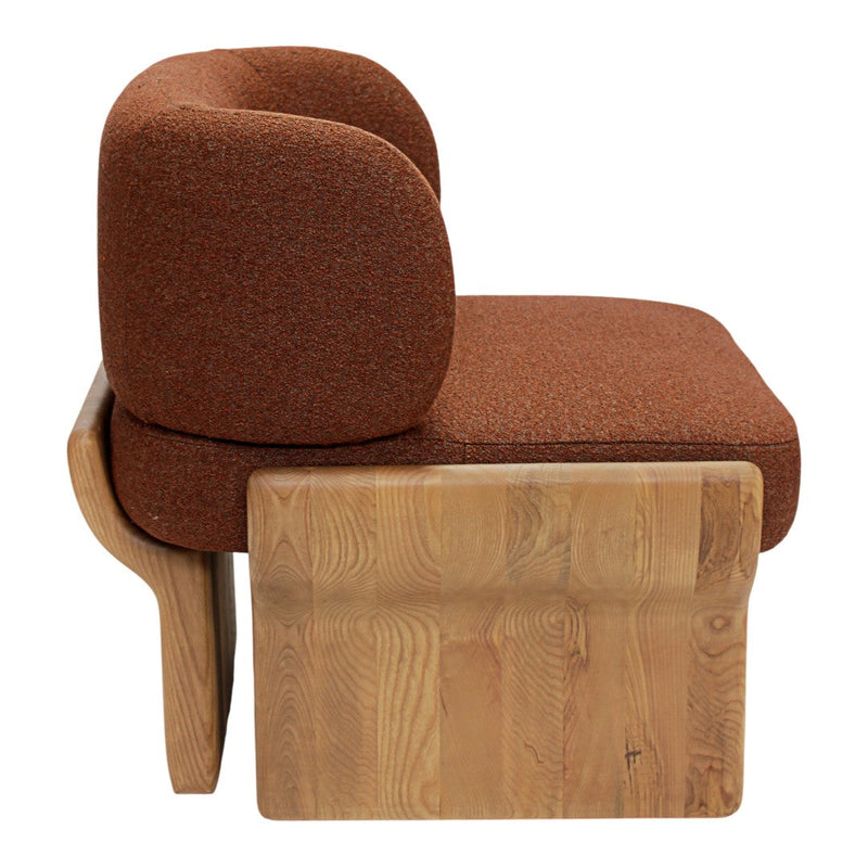 Rust-orange upholstered chair with smooth wood base, featuring a minimalist design and rounded contours.
