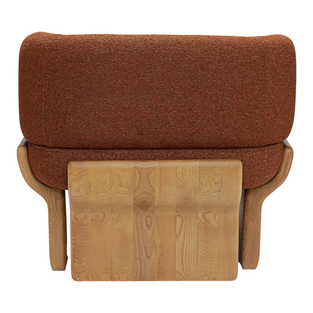 Rustic brown upholstery with a textured finish, complemented by a natural wood base. Modern design and warm tones.