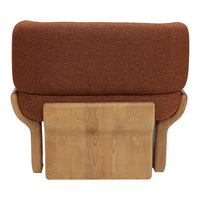 Rustic brown upholstery with a textured finish, complemented by a natural wood base. Modern design and warm tones.