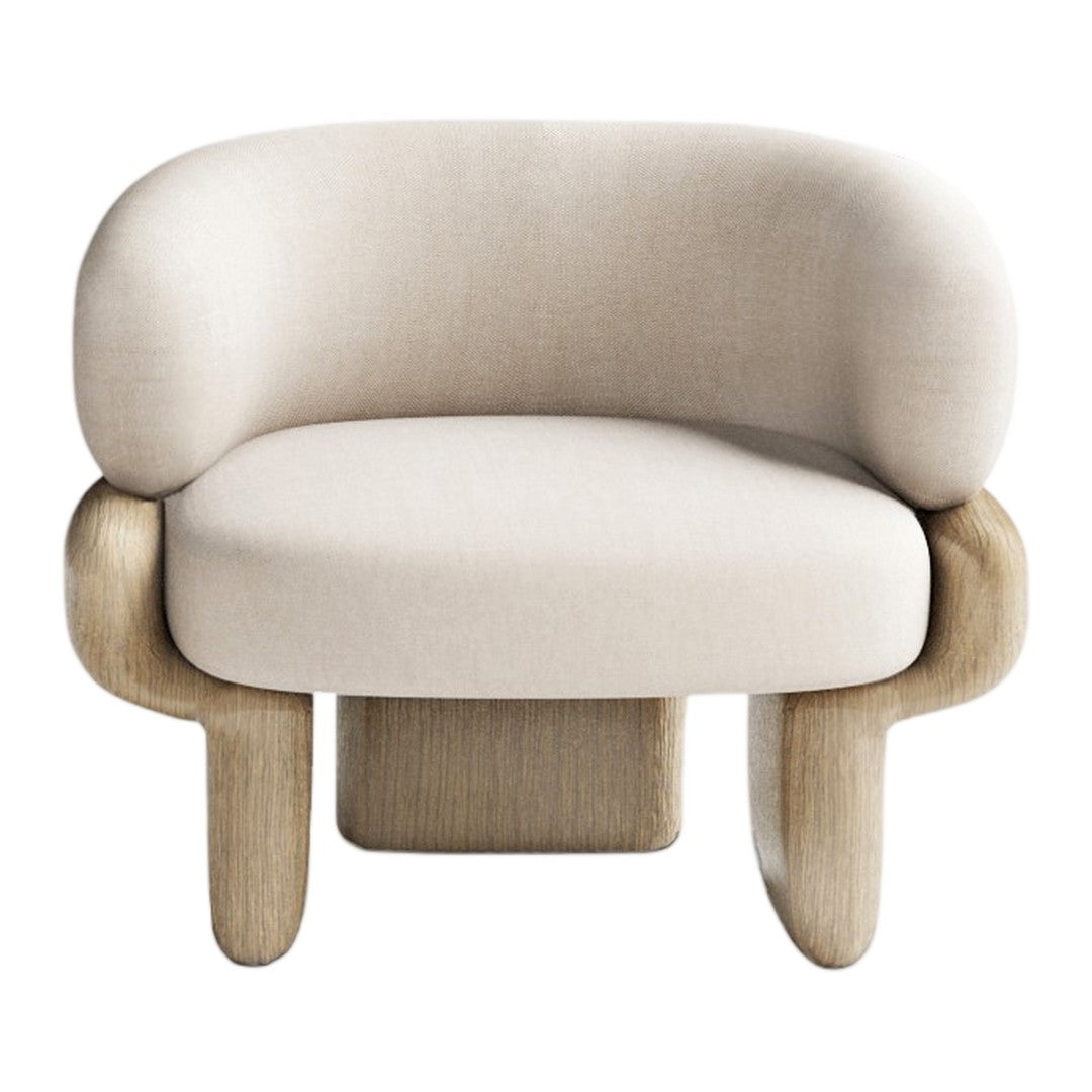 Curved beige chair with a soft fabric finish and wooden legs, featuring a minimalist design and neutral tones.