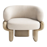 Curved beige chair with a soft fabric finish and wooden legs, featuring a minimalist design and neutral tones.
