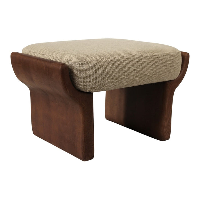 Beige cushioned ottoman with dark wood base, featuring a smooth, minimalist design. Perfect for modern decor.
